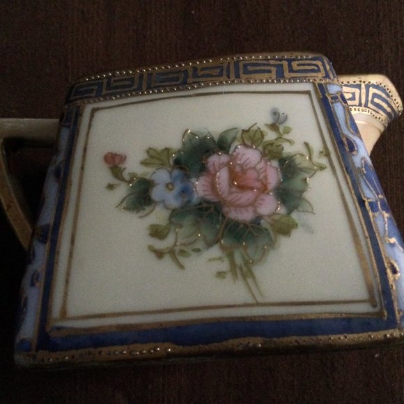 ANTIQUE HAND PAINTED SQUARE NIPPON CREAMER ROSES GOLD BLUE PINK SMALL - Picture 10 of 11